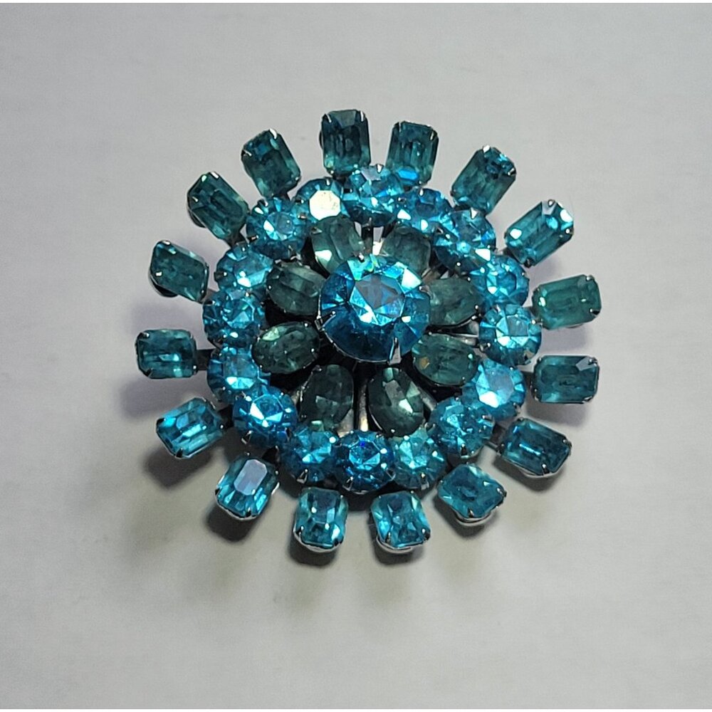 Vintage Blue Rhinestone Brooch Signed Coro Sunburst Large Baguette Layered